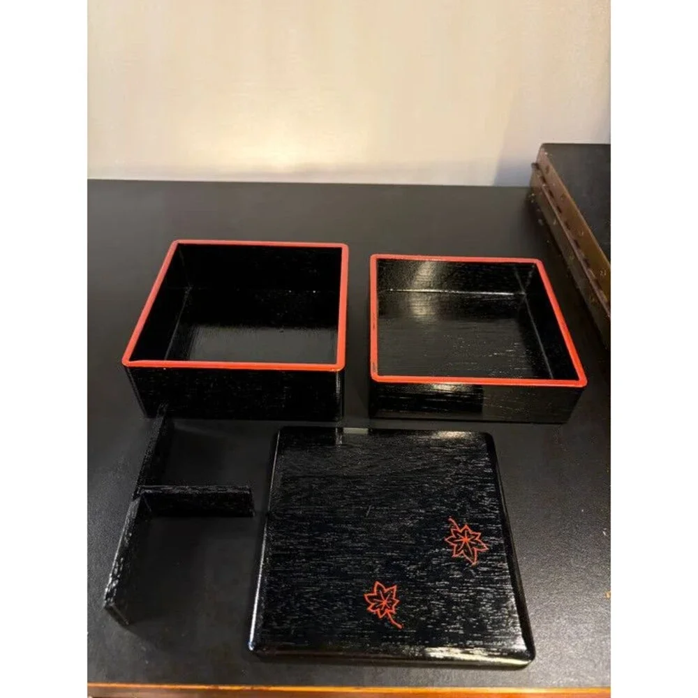 Japanese Jubako Two Tier Lacquer Stacking Box Red Maple Leaf Divider Bento